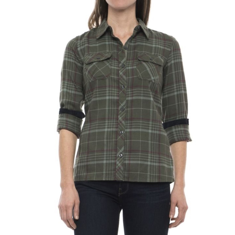 Marmot Bridget Twill‎ Olive Plaid Flannel Shirt with Pink Accents
